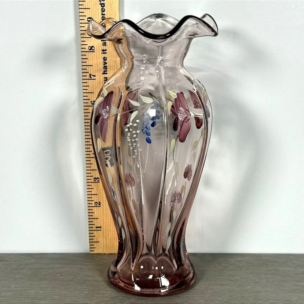 Fenton Amethyst Glass Floral Vase Hand Painted Ruffled Rim 9